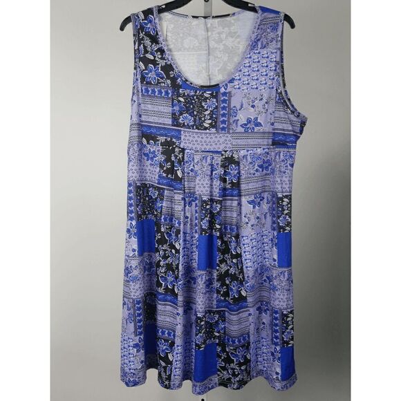 Women's Blue & Black Patchwork Sleeveless A-Line Dress XXL - Picture 2 of 7